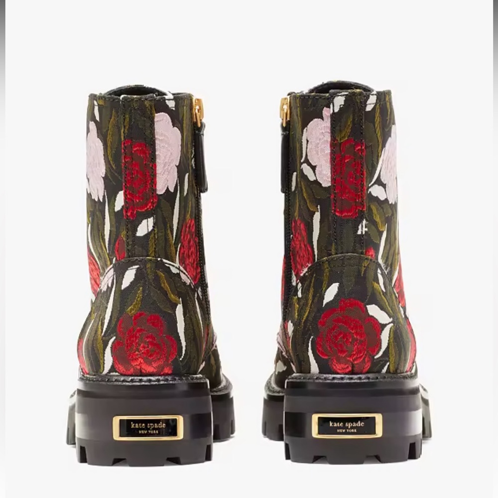 Kate Spade Merritt Lug Boots Rose Brocade Booties BlK Red Pink 7.5 NEW in BOX - Picture 6 of 6